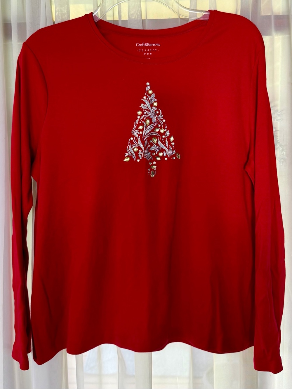 Croft & Barrow Red Long-Sleeve Tree Embellished Holiday Shirt